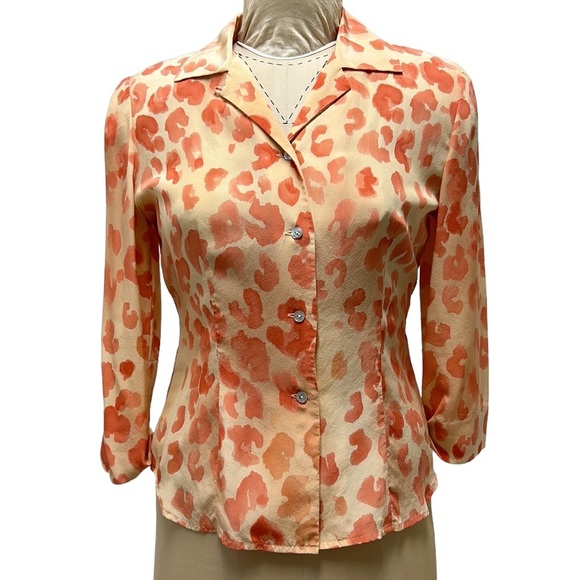 Vintage MAGGY LONDON |‎ Silk Button Down Animal Print Blouse Orange Size… - Picture 1 of 11